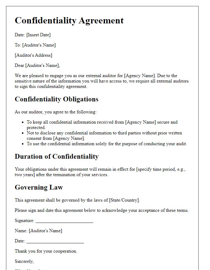 Letter template of confidentiality agreement for external auditors of a social service agency.