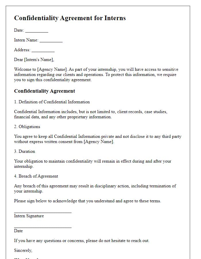 Letter template of confidentiality agreement for interns at a social service agency.