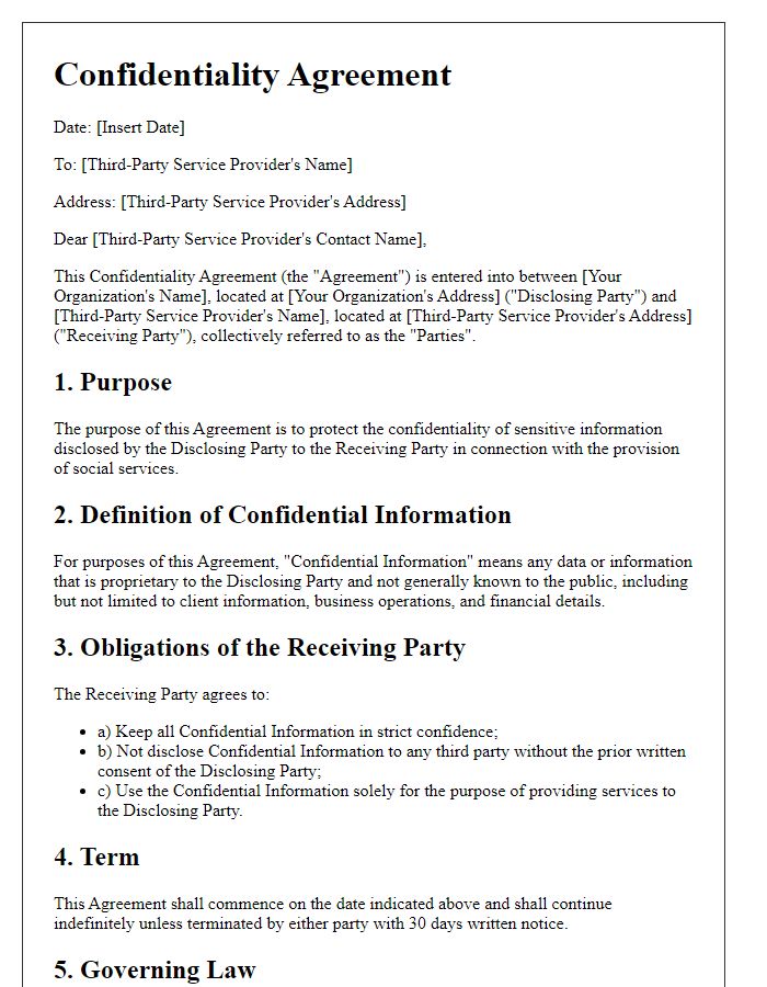 Letter template of confidentiality agreement for third-party service providers in social services.