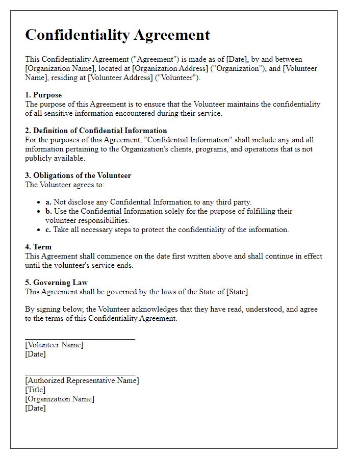 Letter template of confidentiality agreement for volunteers in social services.