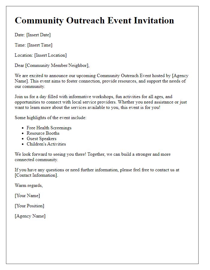 Letter template of social service agency announcement for community outreach event.