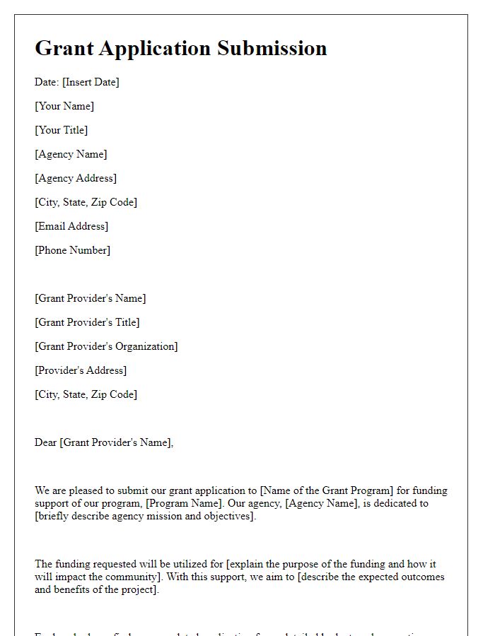 Letter template of social service agency grant application submission for funding support.