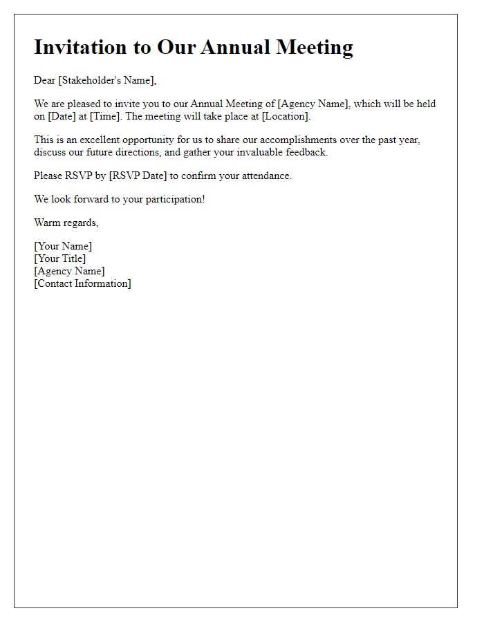 Letter template of social service agency invitation to stakeholders for annual meeting.