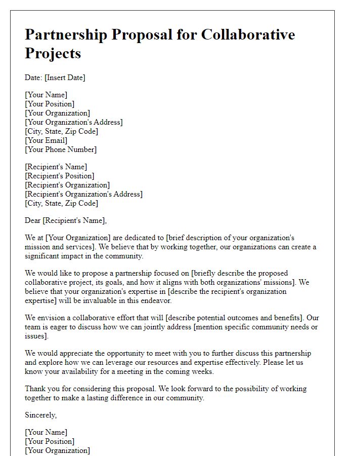 Letter template of social service agency partnership proposal for collaborative projects.