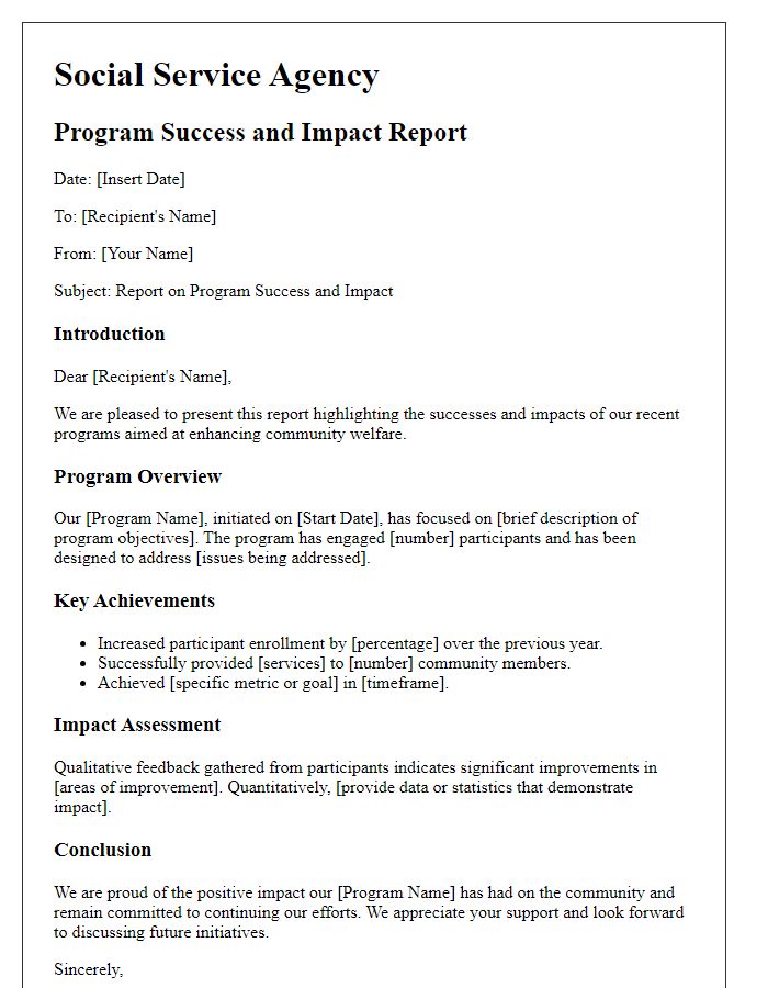 Letter template of social service agency report on program success and impact.