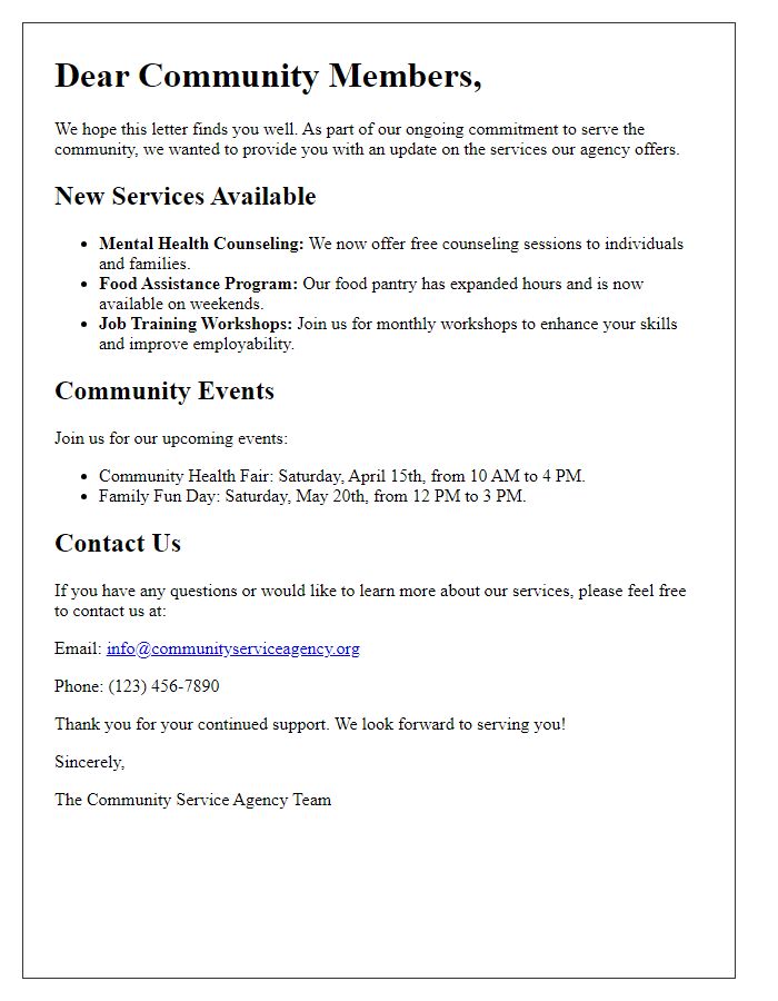 Letter template of social service agency update on services offered to the community.