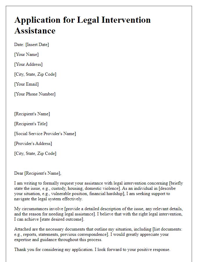 Letter template of application for legal intervention assistance from a social service provider