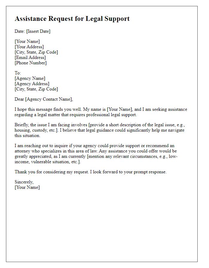 Letter template of assistance request for legal support from social service agency