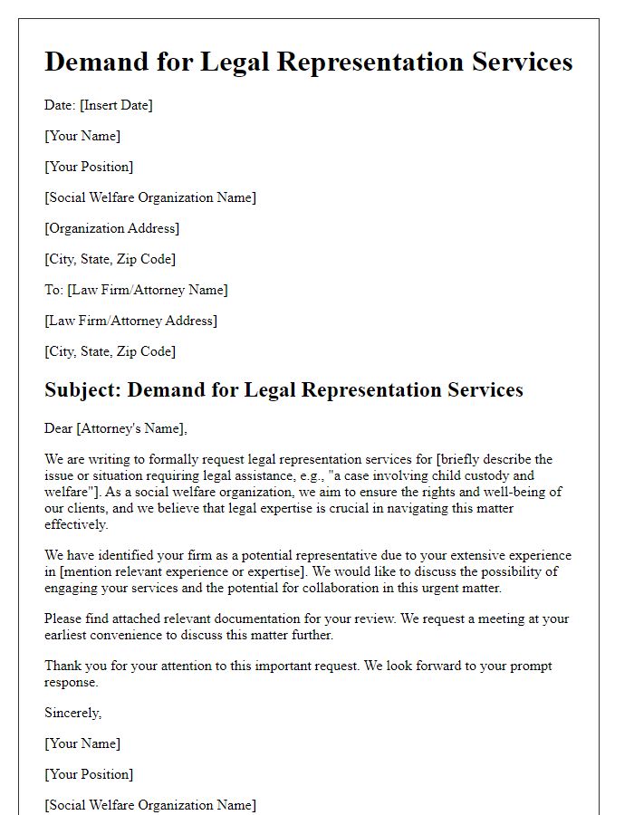 Letter template of demand for legal representation services from social welfare organization