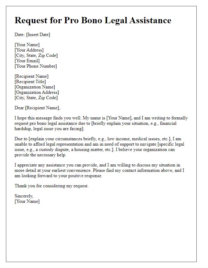 Letter template of formal request for pro bono legal help via social services