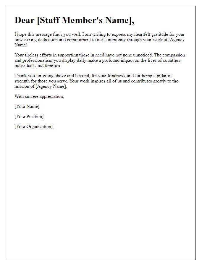 Letter template of gratitude for social service agency staff dedication.