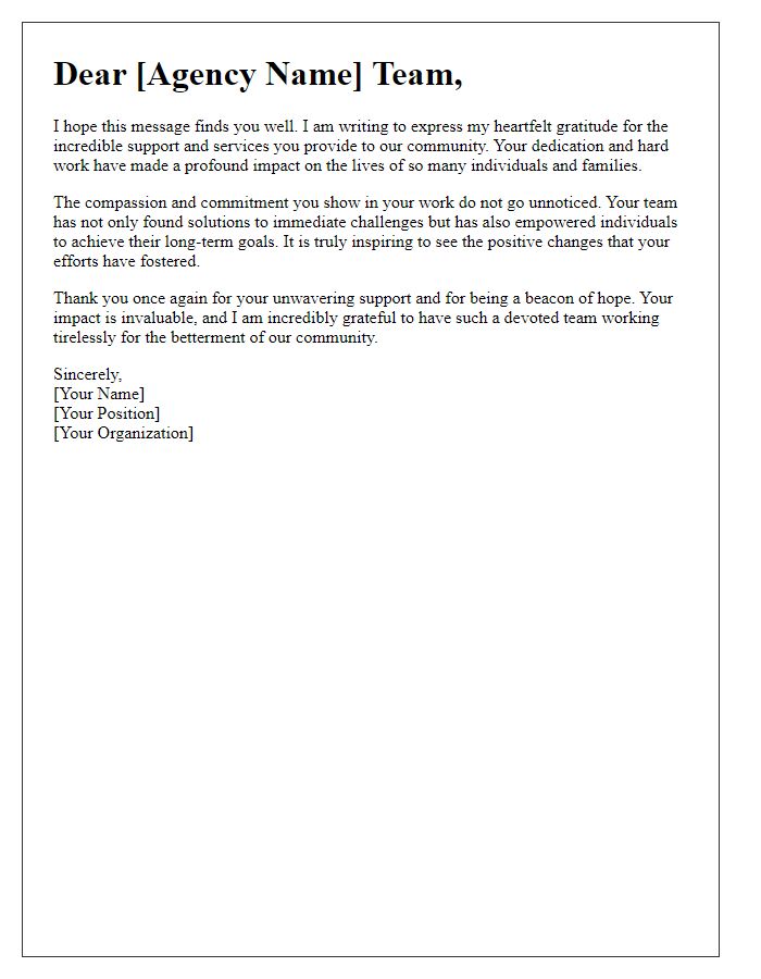 Letter template of heartfelt thanks to social service agency team for their impact.