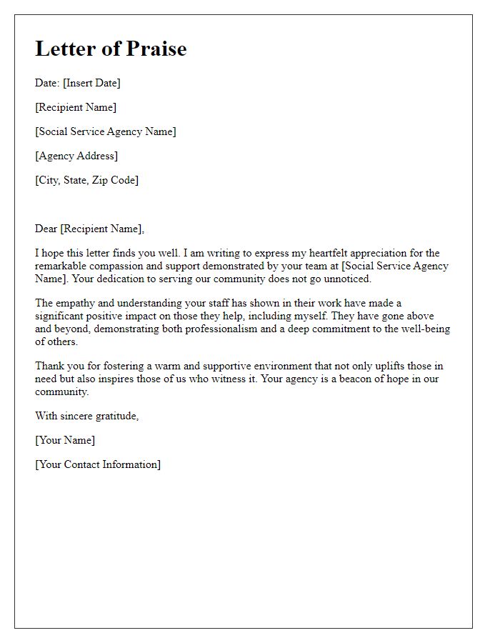 Letter template of praise for social service agency staff's compassion and support.