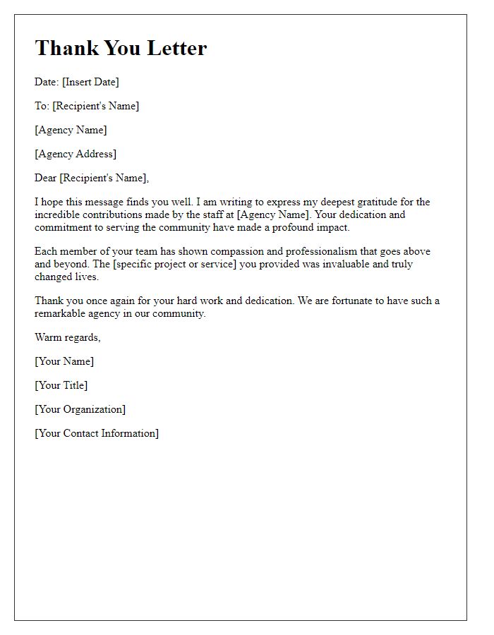 Letter template of thanks for social service agency staff contributions.