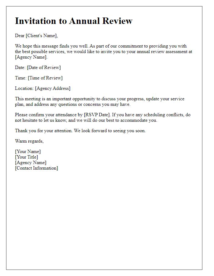 Letter template of annual review invitation for client assessment at social service agency