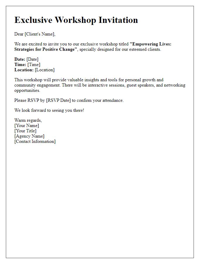 Letter template of exclusive workshop invitation for clients at social service agency