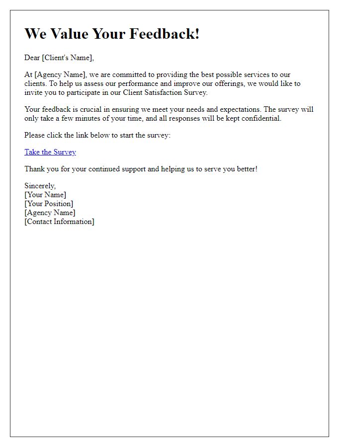 Letter template of feedback invitation to client satisfaction survey from social service agency