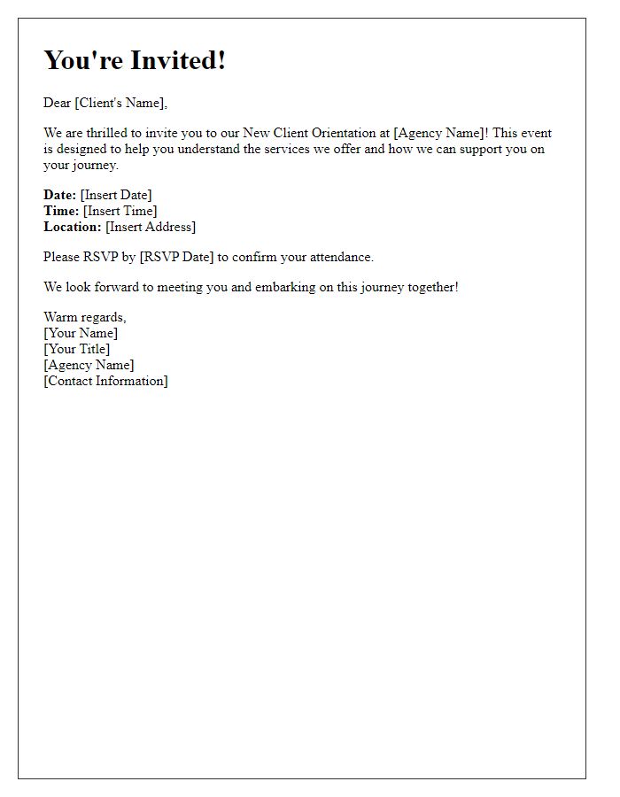 Letter template of invitation for new client orientation at social service agency