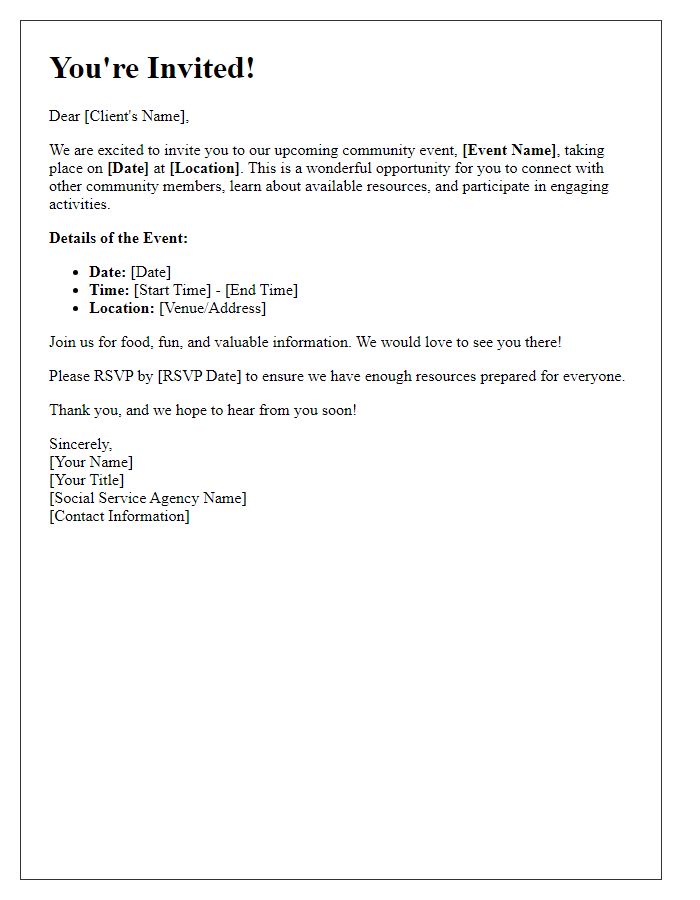 Letter template of outreach invitation to community event for clients of social service agency