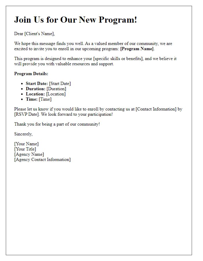 Letter template of program enrollment invitation for existing clients at social service agency