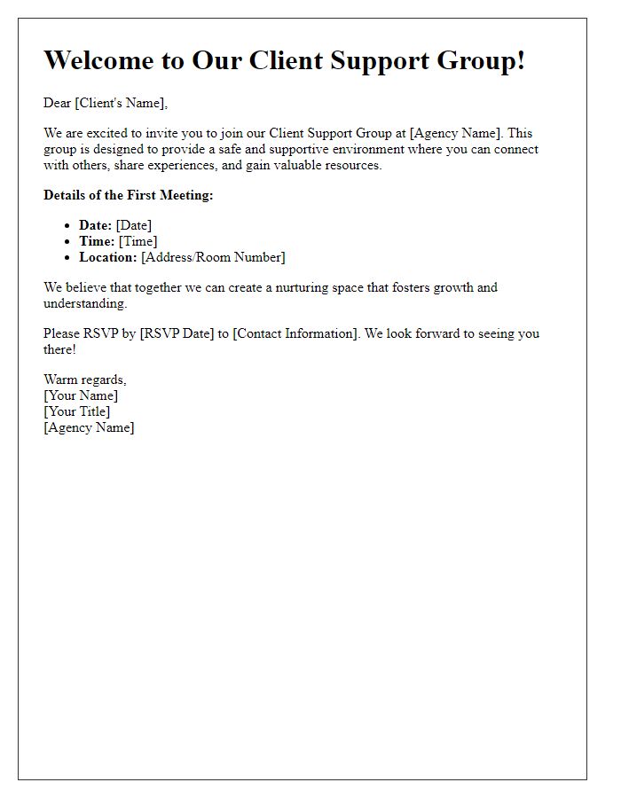 Letter template of welcome invitation to client support group at social service agency