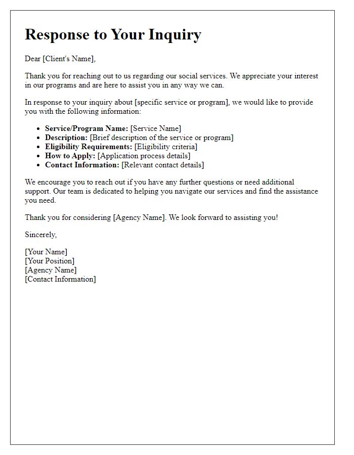 Letter template of client inquiry response for social service agency services