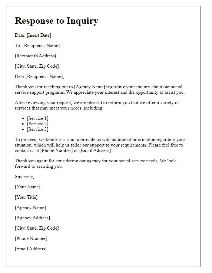 Letter template of formal inquiry response for social service agency support