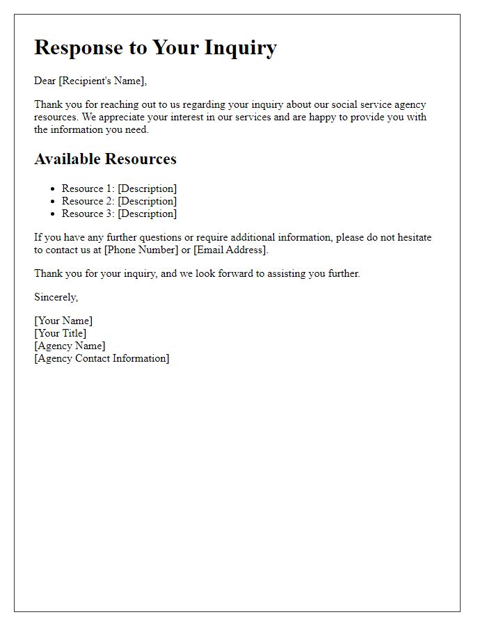 Letter template of information inquiry response for social service agency resources