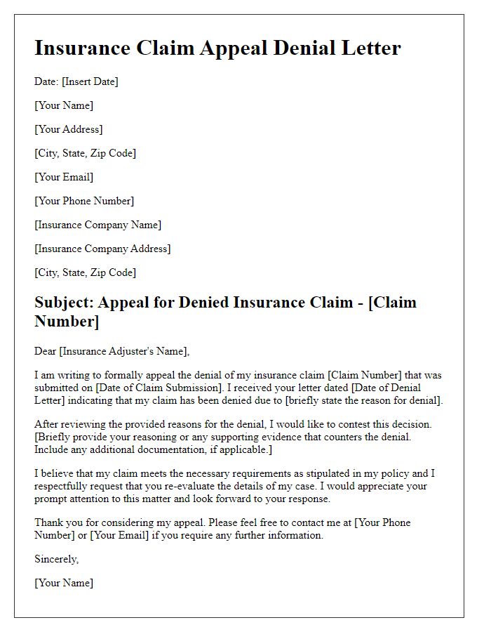 Letter template of denied insurance claim appeal.