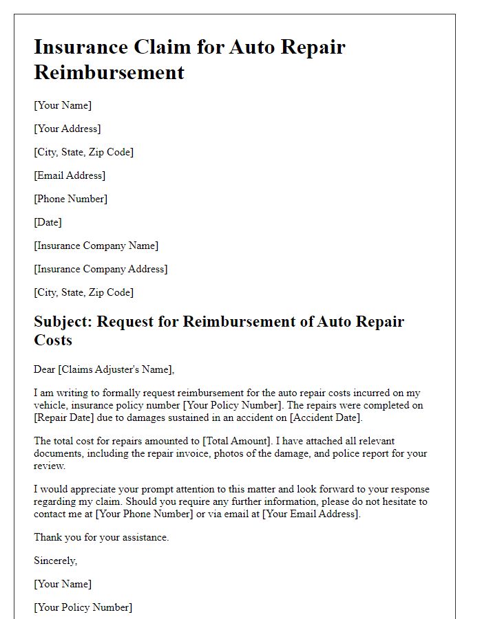 Letter template of insurance claim for auto repair reimbursement.