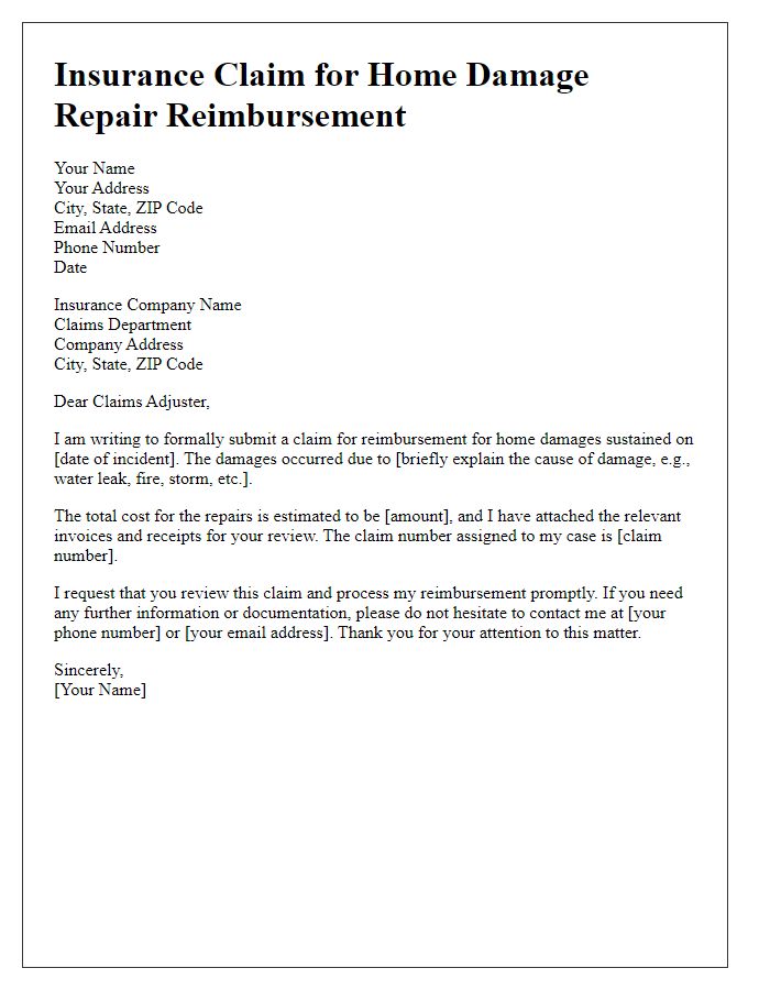 Letter template of insurance claim for home damage repair reimbursement.