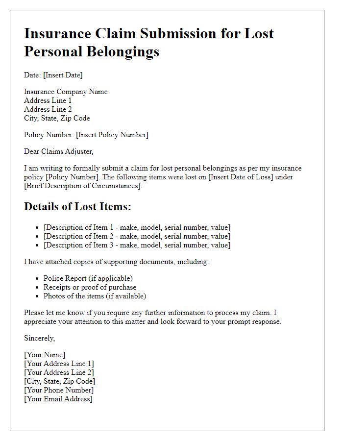 Letter template of insurance claim submission for lost personal belongings.