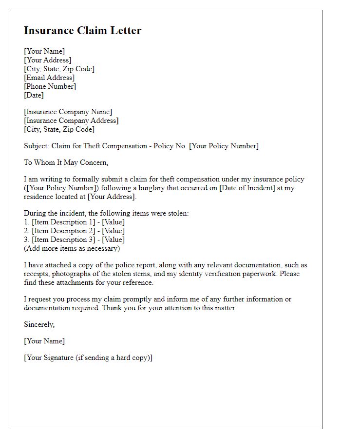 Letter template of insurance claim for theft compensation.