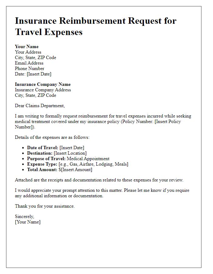 Letter template of insurance reimbursement request for travel expenses.