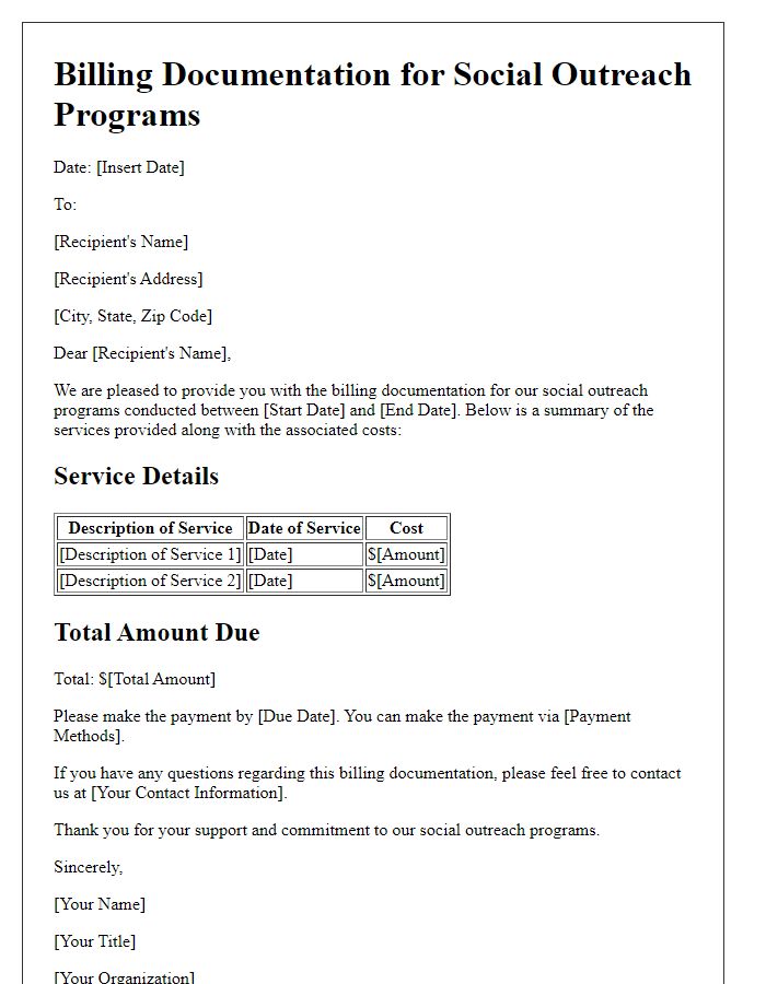 Letter template of billing documentation for social outreach programs.