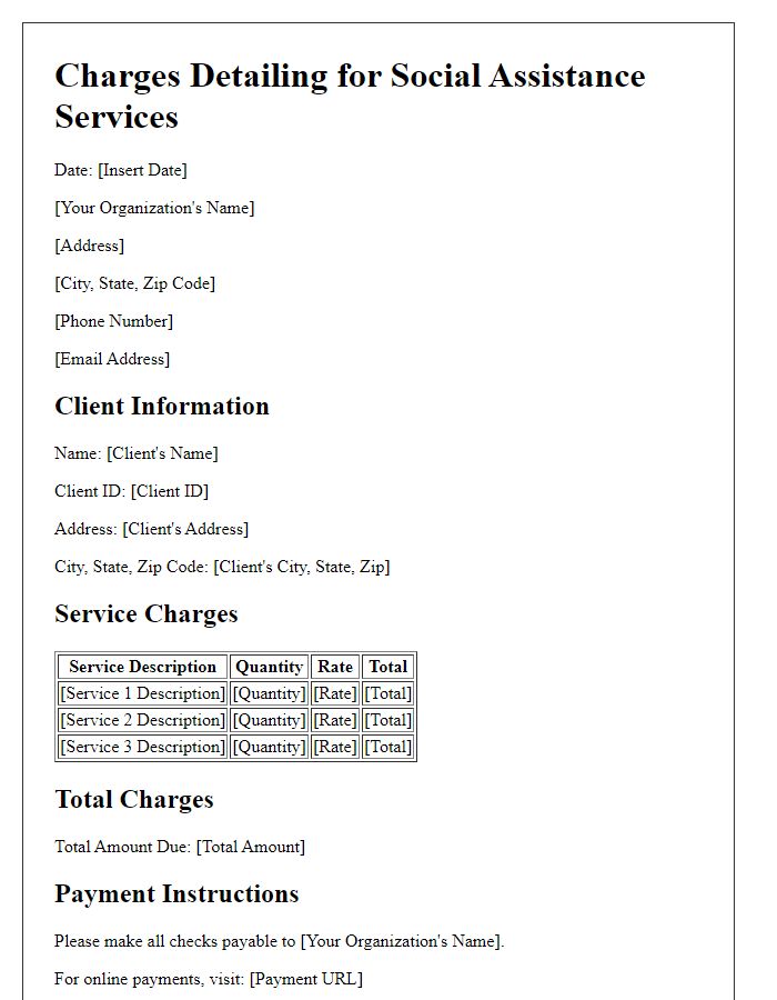 Letter template of charges detailing for social assistance services.