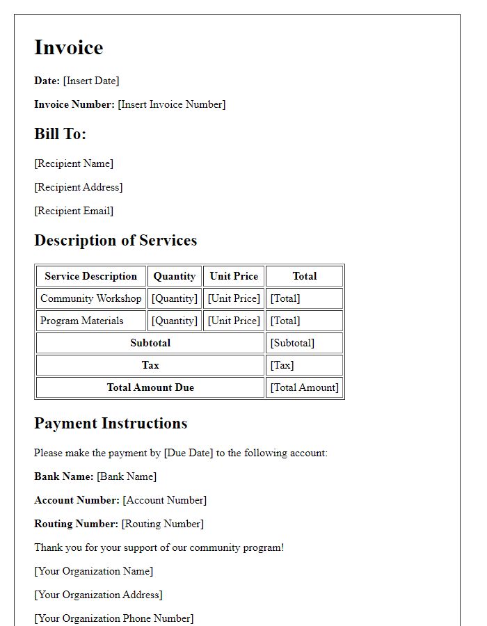 Letter template of invoice for community support program.