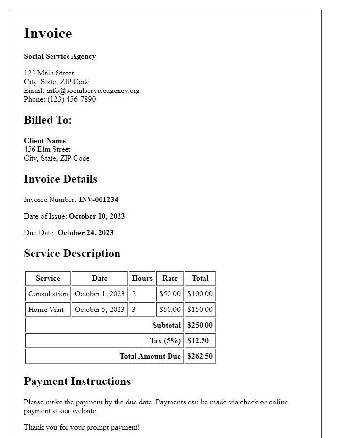 Letter template of invoice for social service agency billing.