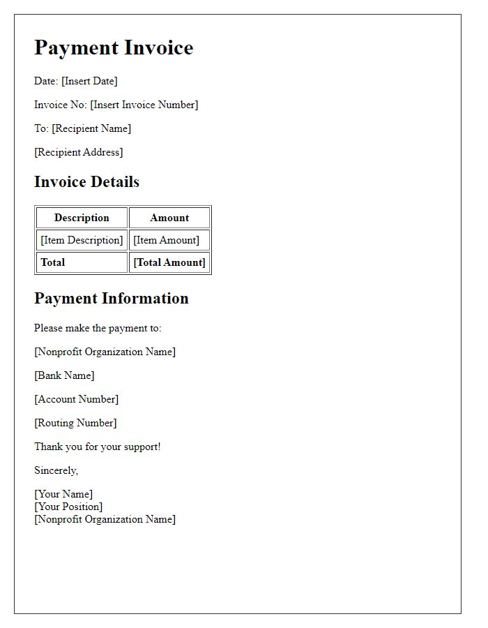 Letter template of payment invoice for nonprofit social agency.