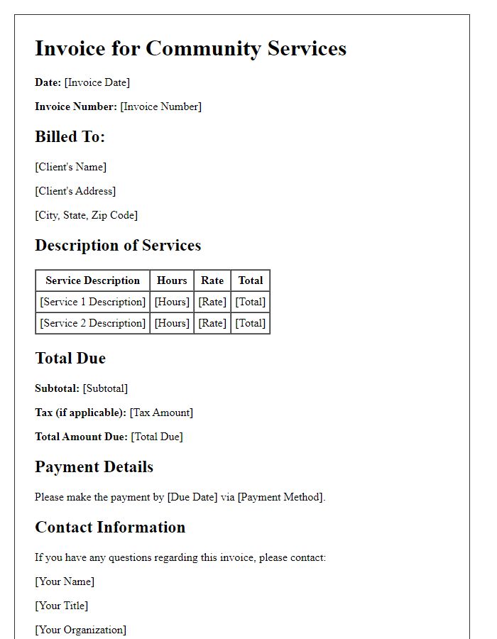 Letter template of service fee invoice for community services.