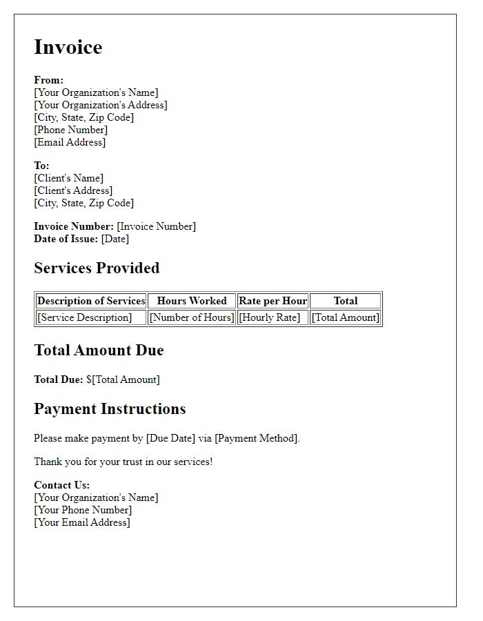 Letter template of service invoice for social care organization.