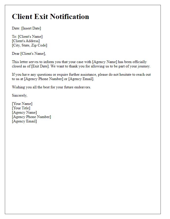 Letter template of client exit notification from social service agency.