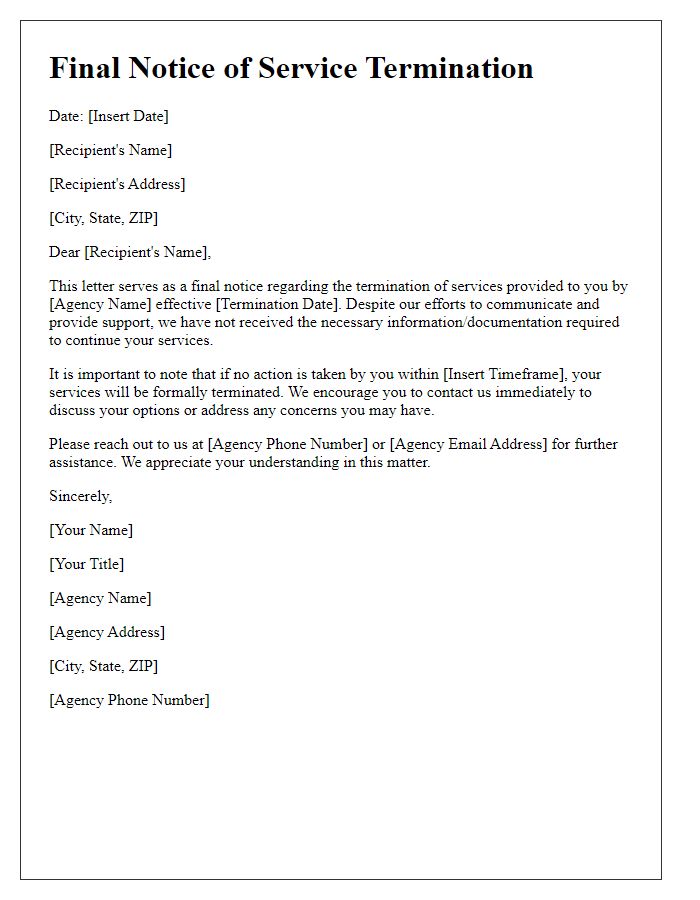 Letter template of final notice for service termination from social service agency.