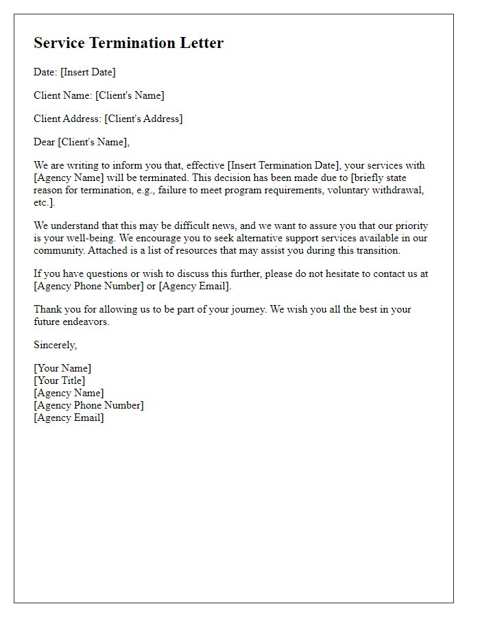 Letter template of service termination for social service agency clients.