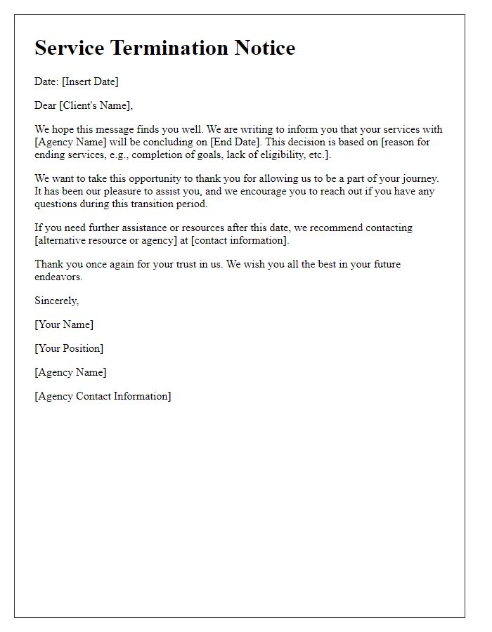 Letter template of services ending for clients of social service agency.