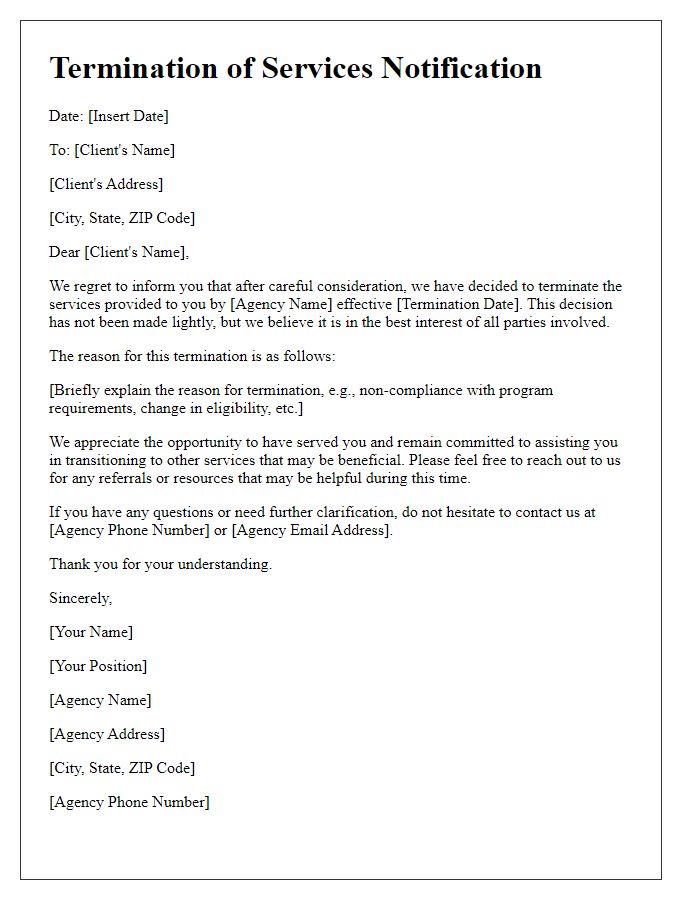 Letter template of termination of services provided by social service agency.