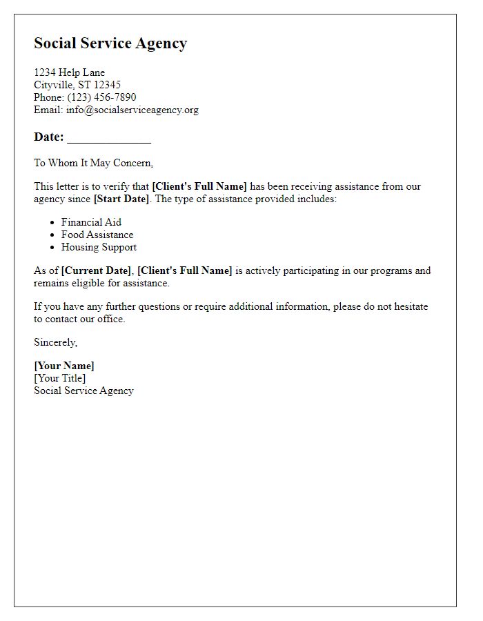 Letter template of social service agency assistance verification