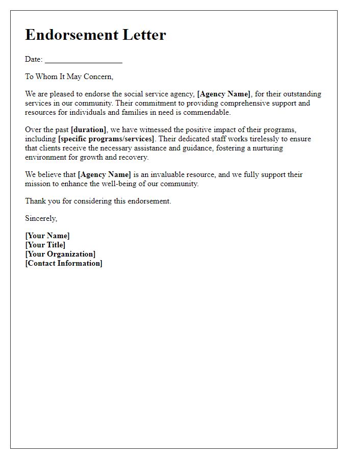 Letter template of social service agency services endorsement