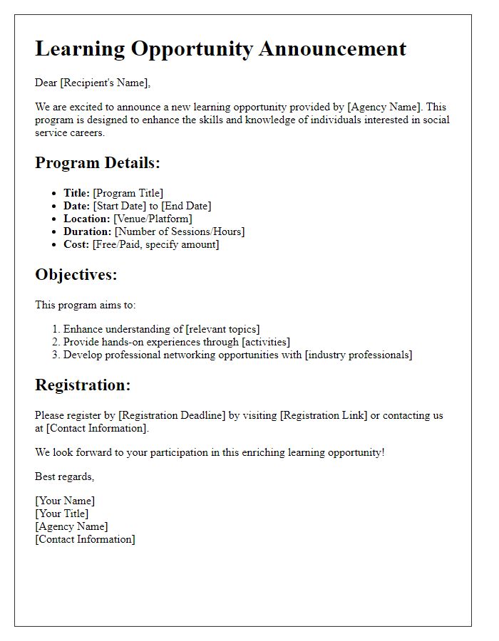 Letter template of social service agency learning opportunity announcement