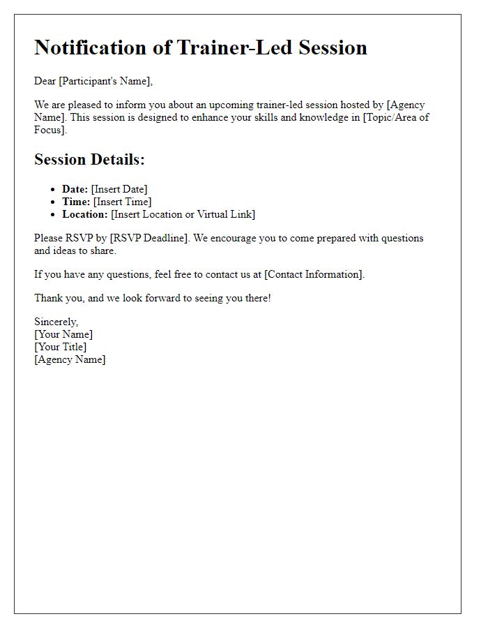 Letter template of social service agency trainer-led session notification